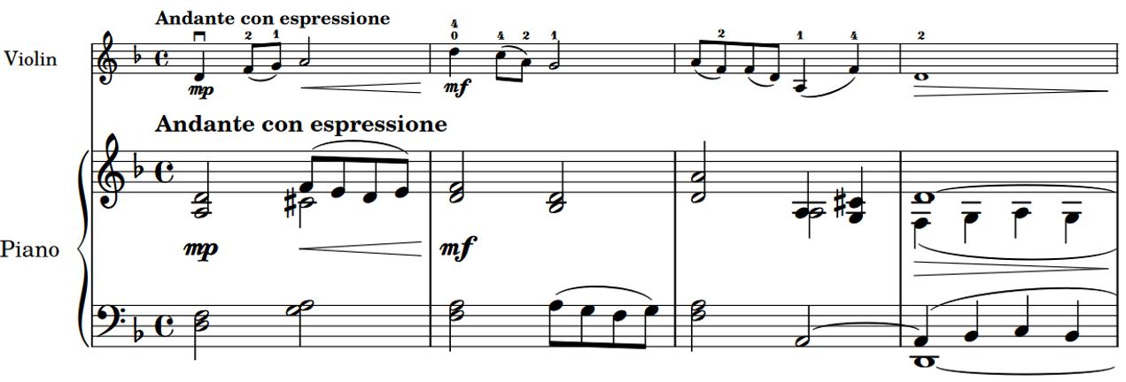 Score for piano and violin, key of D minor, common time, Andante con expressione, mezzo piano. Two parts of matching dynamics. The violin part ascends in steps, then falls, then moves towards a long held note with a decrescendo. The piano part imitates the violin part in a modified call and response.