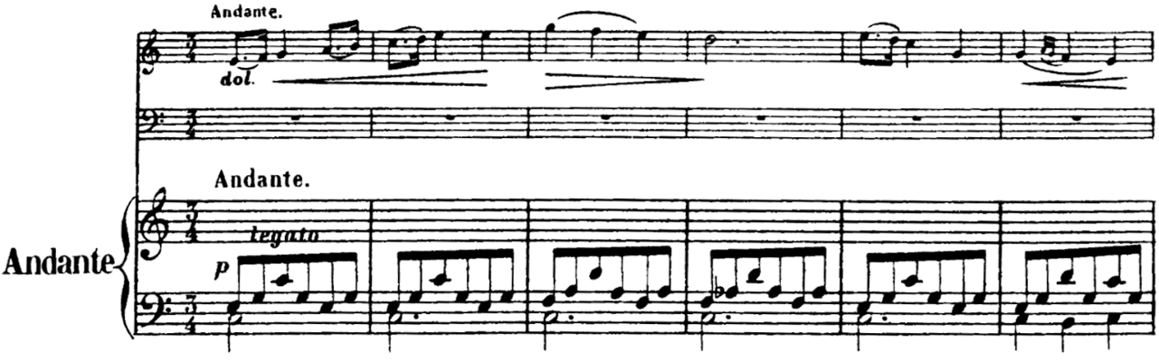 core for piano, flute, and cello, key of C major, six measures in three four time. The piano part is left hand only, eighth notes with a dotted quarter note held below. The flute part starts low in the register and climbs steadily upwards before falling slowly and pausing, then falling again.