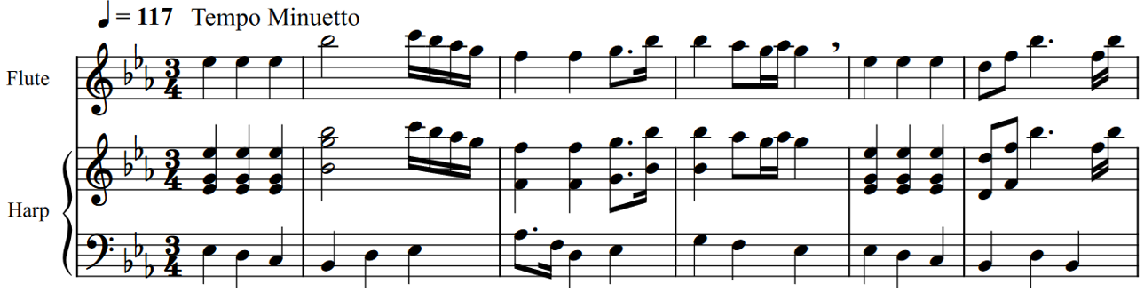 Score for harp and flute, key of E flat major, six measures, three four time. The flute and harp parts share the same melody and rhythms, with a lower harp part providing a sense of harmonic progression.