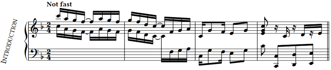 Score for piano, thirteen measures two four time, key of F major. Opening four measures include both hands playing in unison, one octave apart, descending from C 5 C 6 al the way down to C 3 C 4, then ascending another octave.