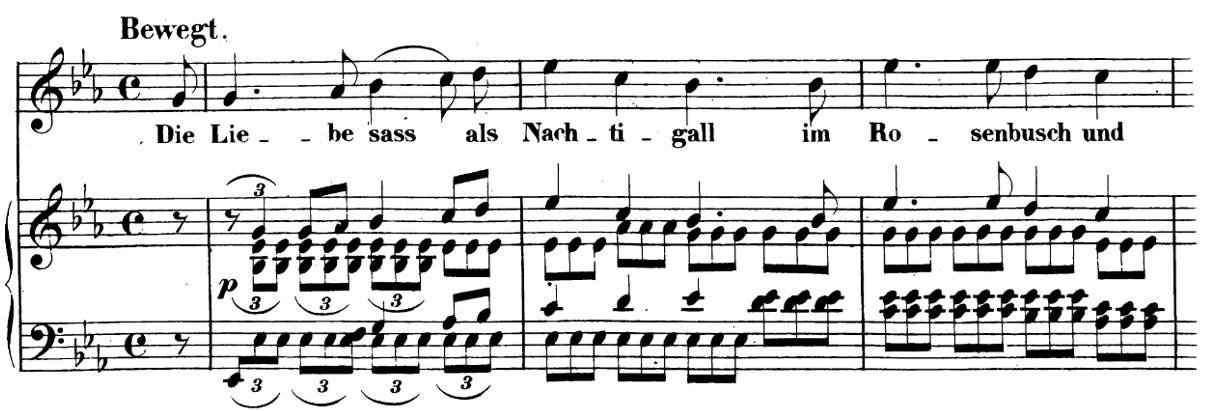 Score for piano and voice, three measures, key of E flat major, common time. Voice enters on a pickup into measure one on the and of beat four.