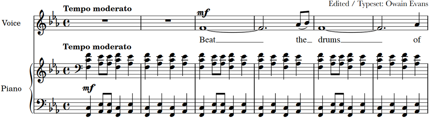 Score for voice and piano, key of F minor, common time, six measures. Voice part enters on beat one of measure three.