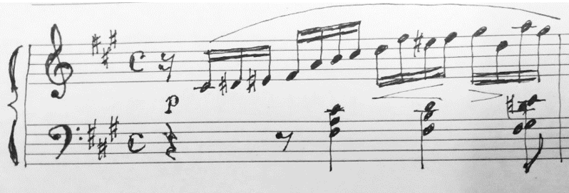 A handwritten copy of the first measure of "Prelude and Fugue in F# minor" by Clara Schumann.