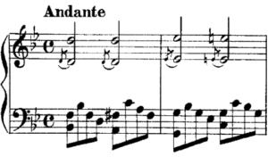 Score for piano, key of B flat major, two measures, common time. Both hands enter on beat one of measure one.