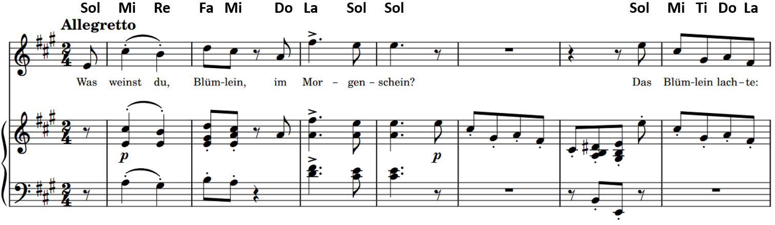 Score for piano and voice, key of A major, two four time, seven measures with an eighth note pickup.