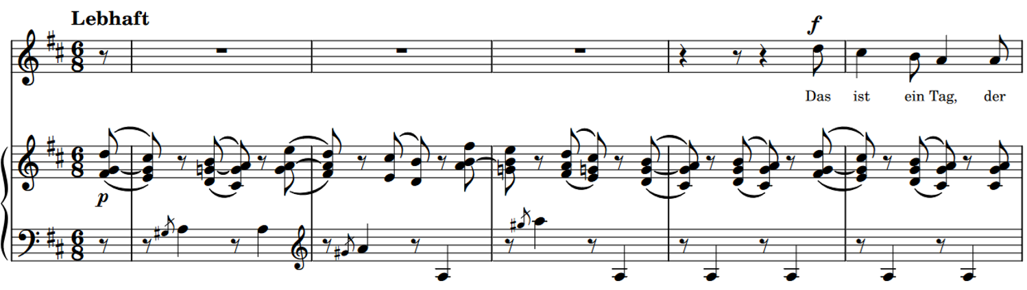 Score for piano and voice, key of D major, six eight time, five measures with an eighth note pickup.