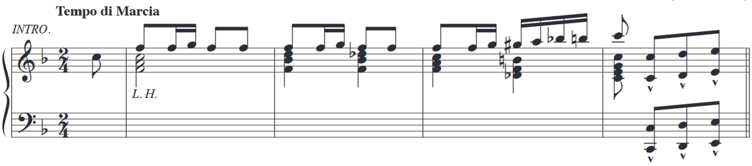 Score for piano, key of F major, two four time, four full measures with an eighth note pickup, Tempo di Marcia.