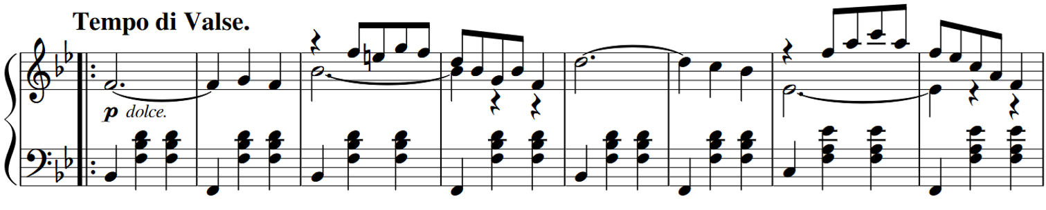 Score for piano, key of B flat major, three four time, eight full measures, Tempo di Valse
