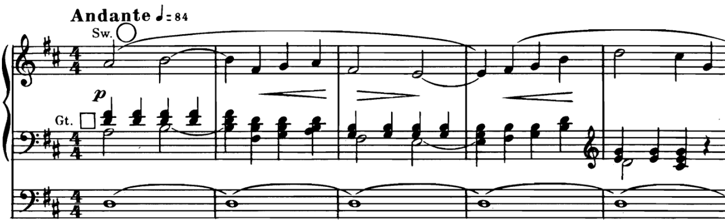 Score for organ, key of D major, four four time, five full measures, Andante.