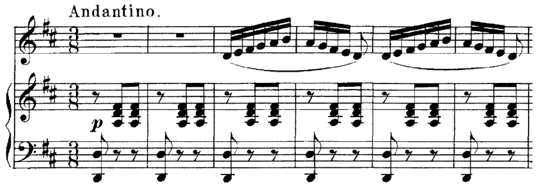 Score for piano and voice, six measures, key of D major, three eight time. Voice part enters on beat one of measure three