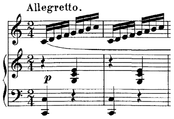 Score for voice and piano, two measures, key of C major, two four time. Voice part enters on beat one of measure one