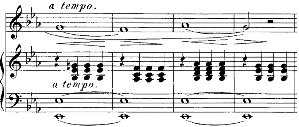 Score for piano and voice, four measures, key of E flat major, common time. Voice part enters on beat one of measure one