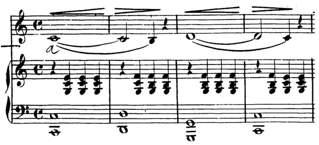 Score for piano and voice, four measures, key of C major, common time.