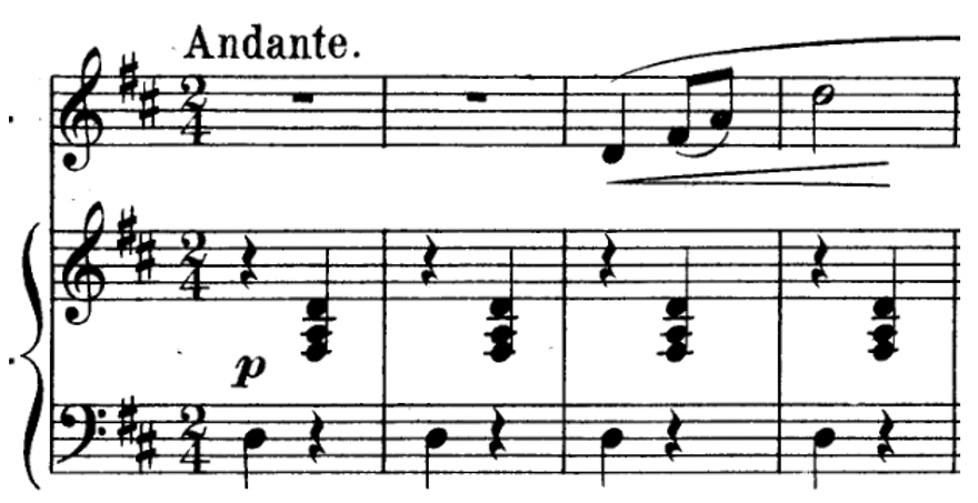 Score for piano and voice, four measures, key of D major, two four time. Voice part enters on beat one of measure three