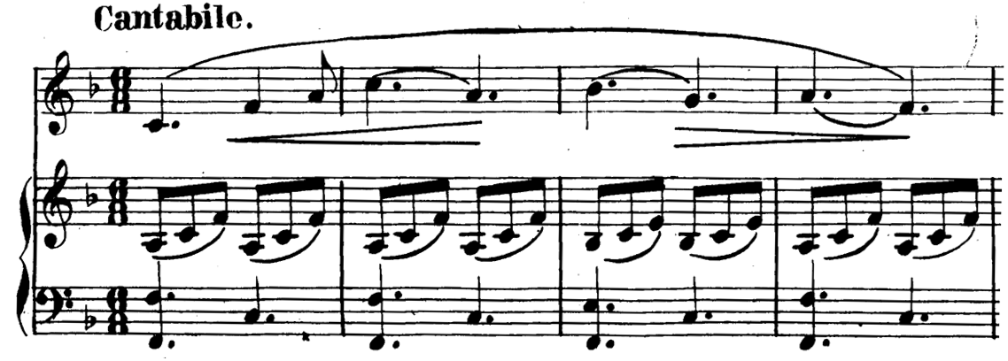 Score for piano and voice, four measures, key of F major, six eight time.