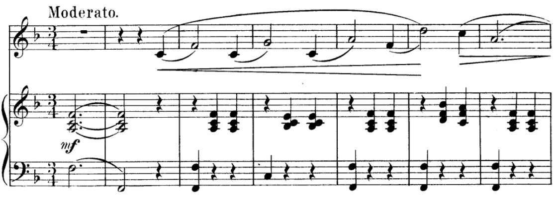 Score for piano and voice, seven measures, key of F major, three four time.