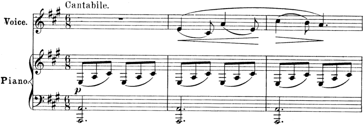 Score for piano and voice, three measures, key of A major, six eight time.