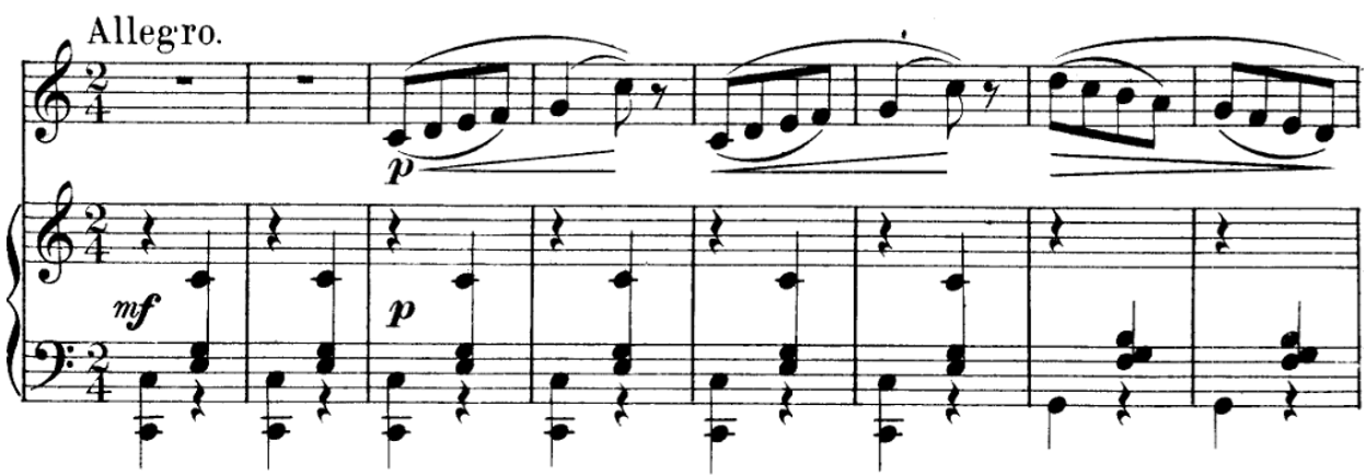 Score for piano and voice, eight measures, key of C major, two four time.