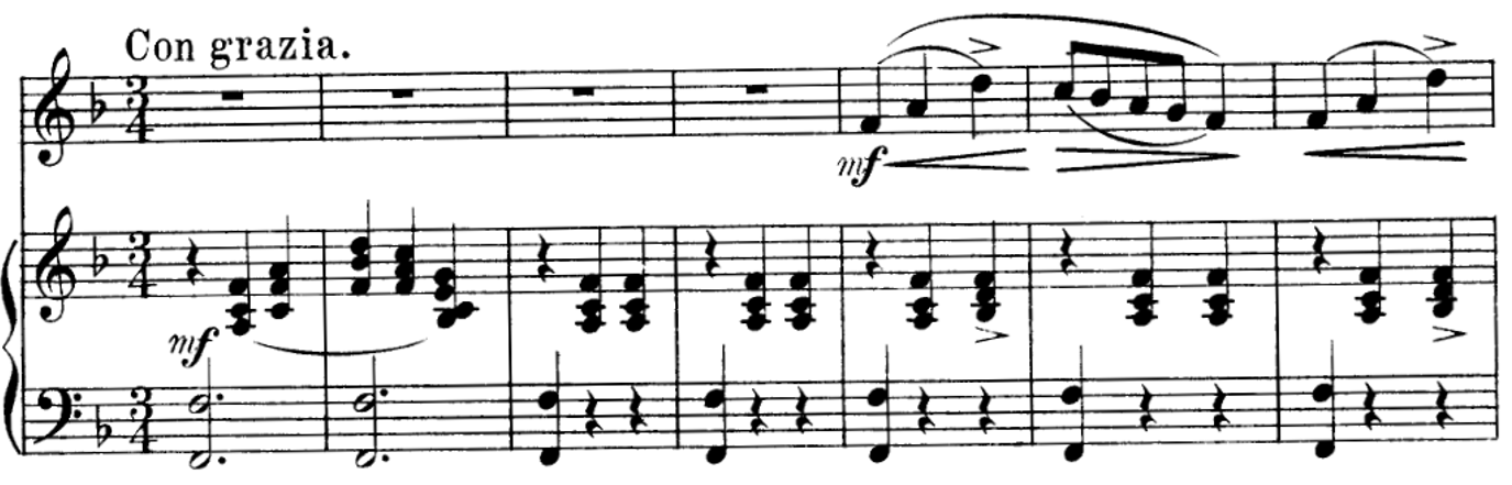 Score for voice and piano, seven measures, key of F major, three four time.