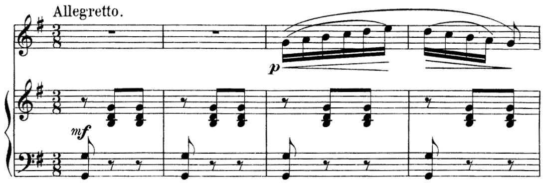 Score for piano and voice, four measures, key of G major, three eight time.