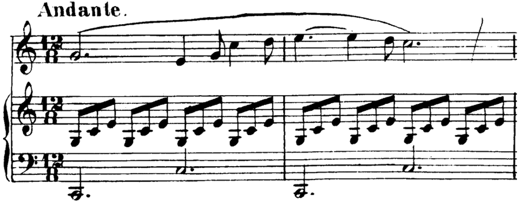 Score for piano and voice, two measures, key of C major, twelve eight time.