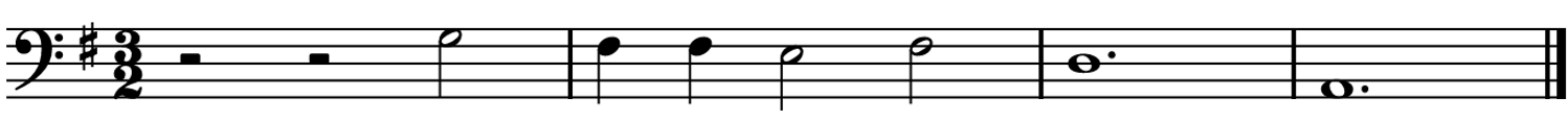 Score for voice, four measures, bass clef, key of G major, three two time.