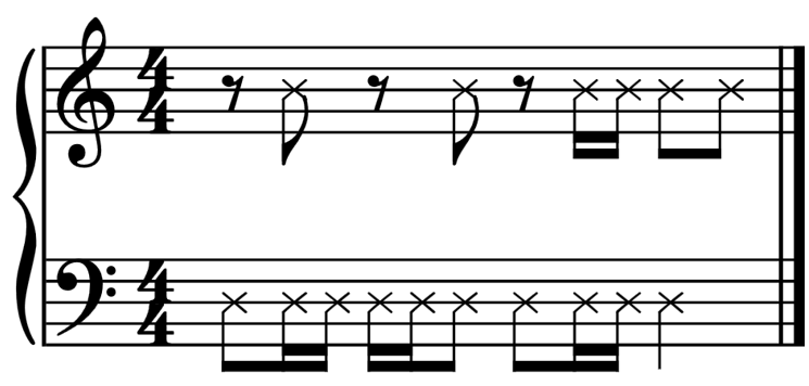 One measure for two rhythm parts, common time.