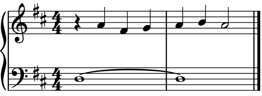 Score for two voices, treble and bass clef in D major, two measures, common time.