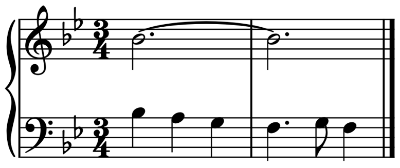 Score for two voices, treble and bass clef in B flat major, two measures, three four time.
