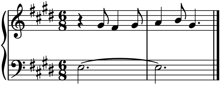 Score for two voices, treble and bass clef in E major, two measures, six eight time.