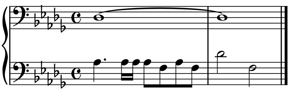 Score for two voices, bass clef and bass clef, D flat major, two measure, common time.