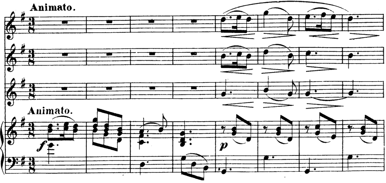 Score for piano and three voice parts in G major. Eight measures in three eight time. After four measures of rest, all three voices come in together.