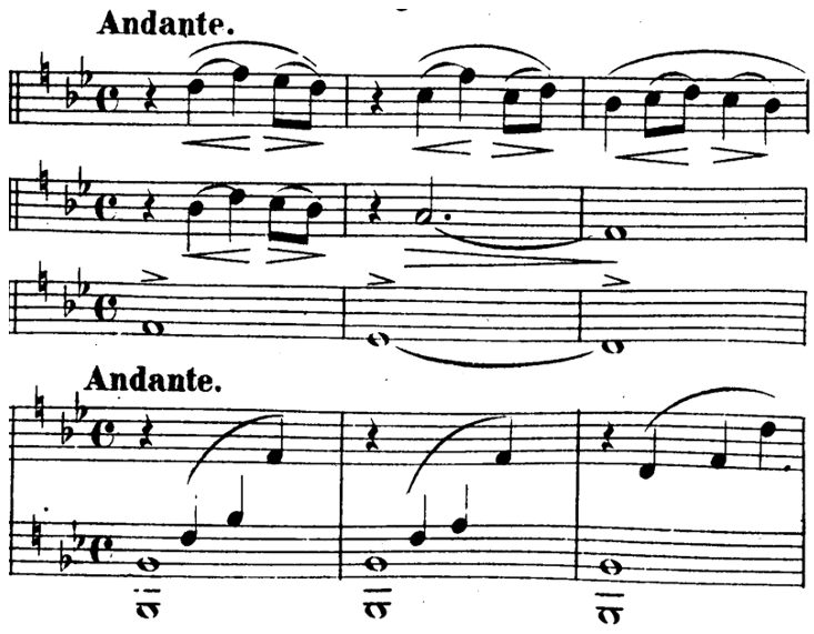 Score for piano and three voices in B flat major. Three measures in common time. The top two voices enter on beat two.