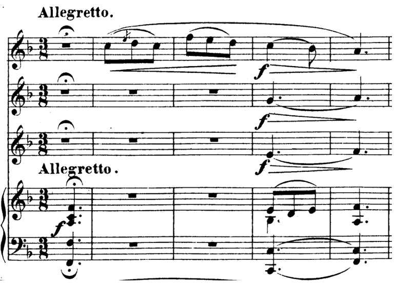 Score for piano and three voices in F major. Five measures in three eight time.