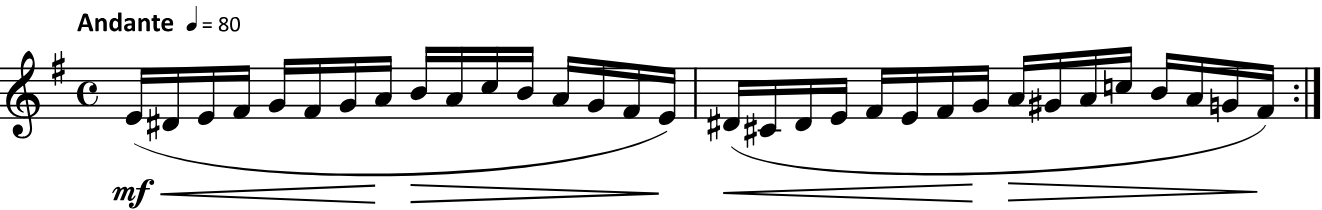 key of e minor: E4 D Sharp 4 E4 F Sharp 4 G4 F sharp 4 G4 A4 B4 A4 C5 B4 A4 G4 F sharp 4 E4 D Sharp 4 C Sharp 4 D Sharp 4 E4 F sharp 4 E 4 G 4 A 4 G sharp 4 A4 C5 B4 A4 G natural 4, F sharp 4