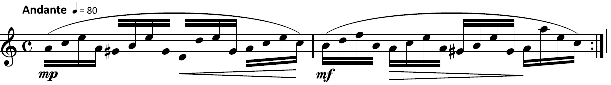 Key of A minor: A4 C5 E5 A4 G sharp 4 B4 E5 G sharp 4 E4 D5 E5 Gsharp4 A4 C5 E5 C5 B4 F5 B4 A4 C5 E5 A4 G sharp 4 B4 E5 G sharp 4 A4 A5 E5 C5