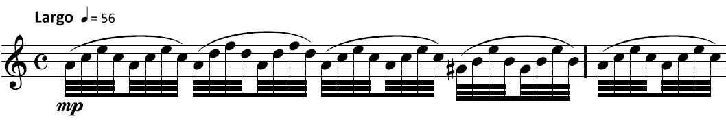 Key of A minor: A4 C5 E5 C5 A4 C5 E5 C5 A4 D5 F5 D5 A4 D5 F5 D5 A4 C5 E5 C5 A4 C5 E5 C5 G sharp 4 B4 E5 B4 G sharp 4 B4 E5 B 4 A4 C5 E5 C5 A4 C5 E5 C5